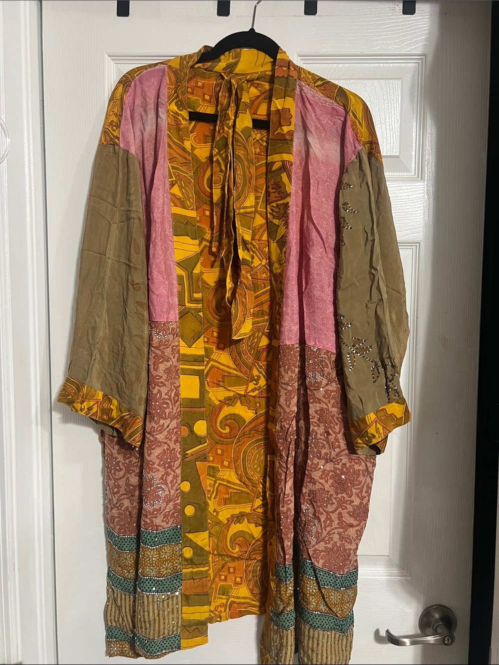 Boho Patchwork Silk kimono in Mustard, Pink & Olive